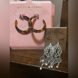 Lucky Brand tortoise hoop earrings and filagree drop earrings with pearls